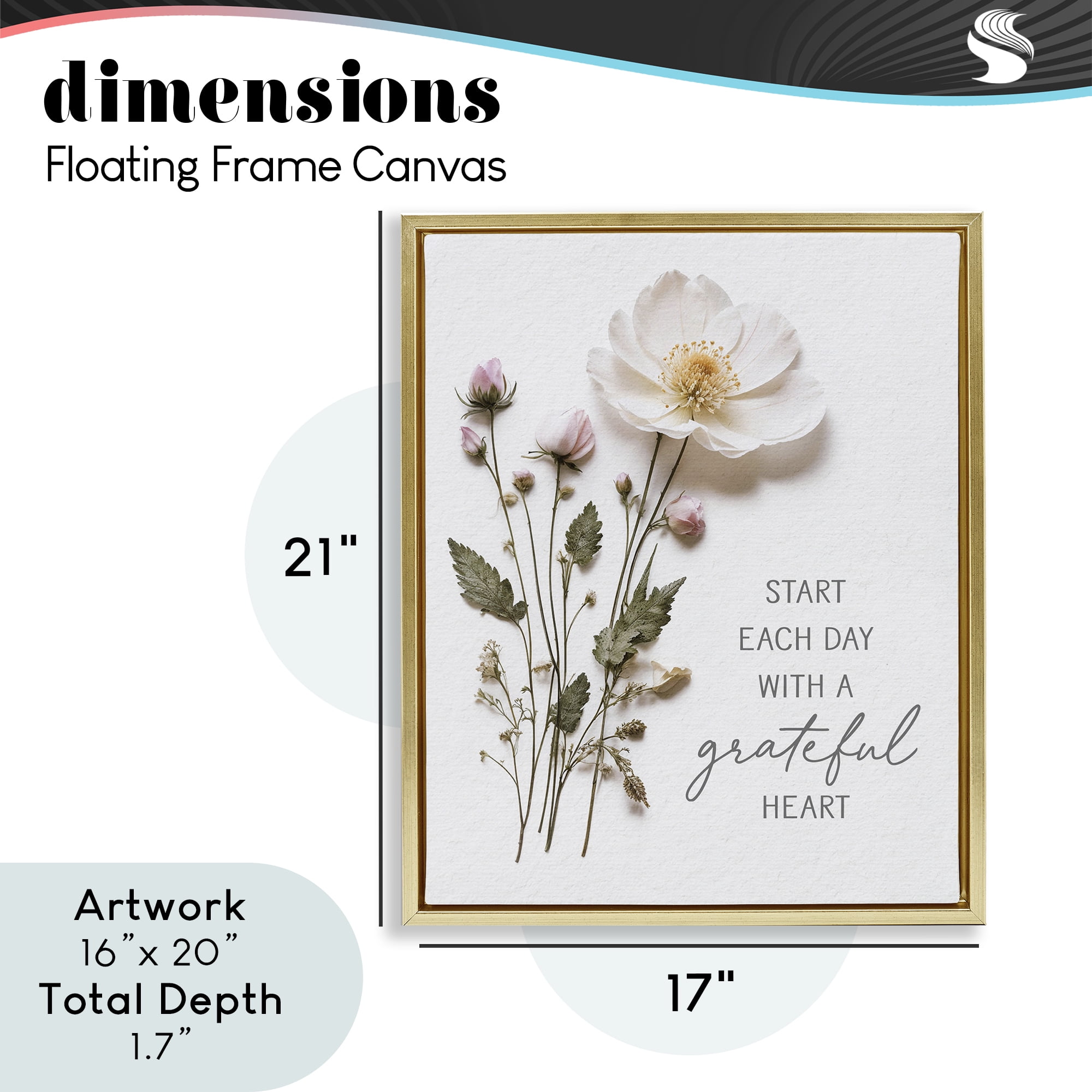 Grateful Heart Pressed Flowers Gold Framed Floater Canvas Wall Art, design by Lettered and Lined