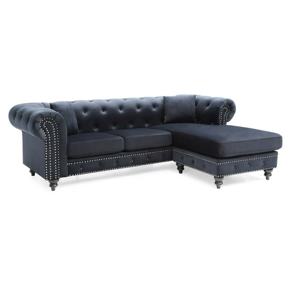 Passion Furniture Nola 98 in. Navy Blue Velvet L-Shape 3-Seater Sofa with 2-Throw Pillow