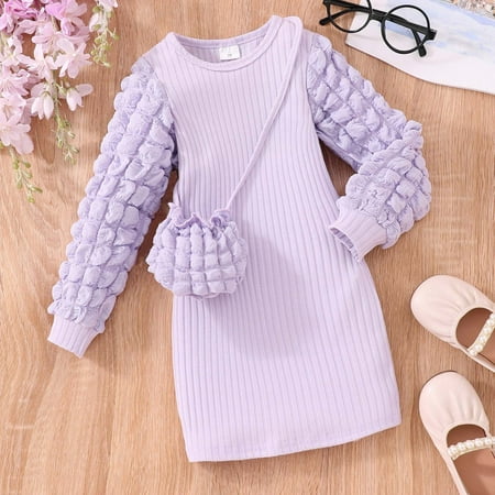 Wancir Little Girls Ruffle Lantern Long Sleeve Knit Elastic Mini Dress Fall Holiday Party Dress with Bag