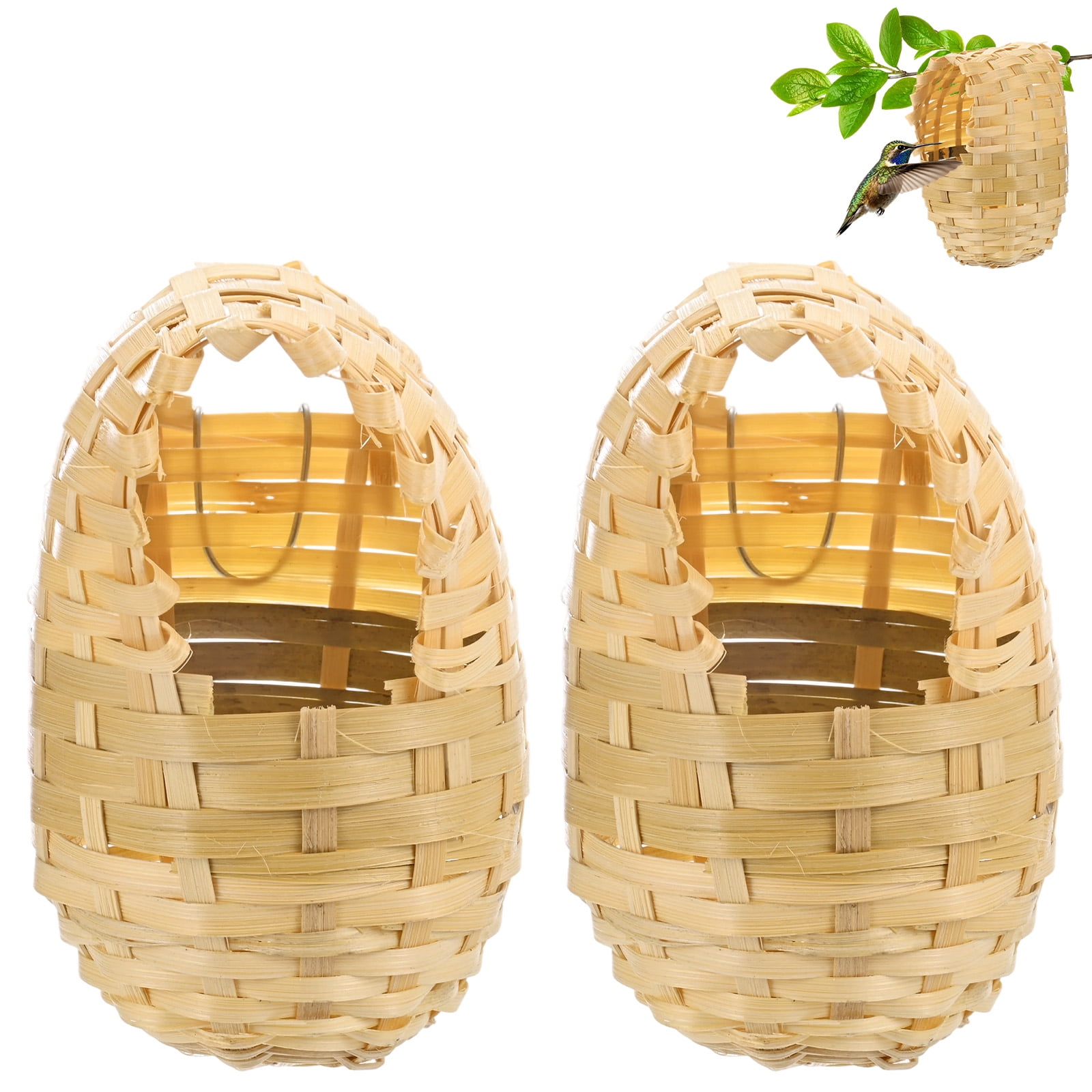 Uxcell 2-Pack Natural Bamboo Hanging Bird House, Finches Nest Hanging Cage with Metal Hook, for Garden, Patio Decor, 4.3x3.9x5.9in, Style 4
