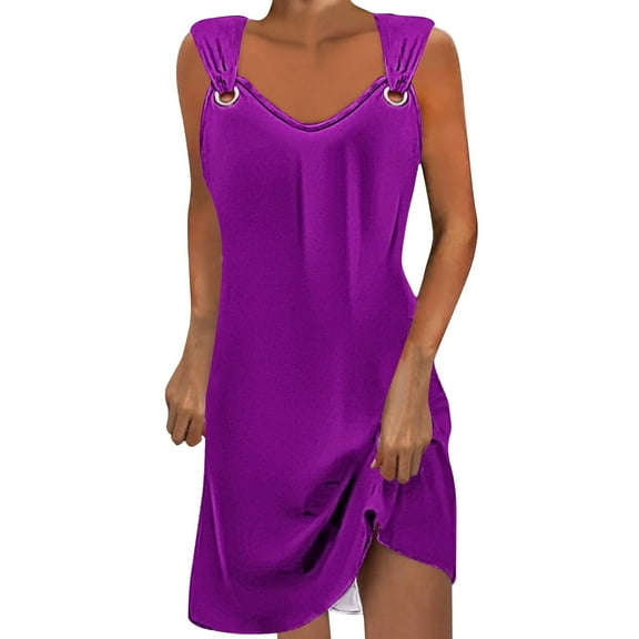Lovzfmll Dresses for Women, Women's Casual Versatile Printed Round Neck Casual Sleeveless Suspender Dress Purple M