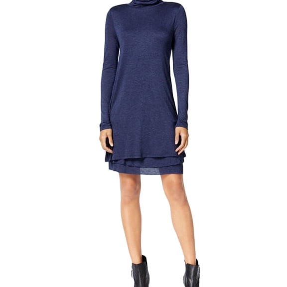 Kensie Womens Tiered Turtleneck A-line Shirt Dress, Blue, X-Small