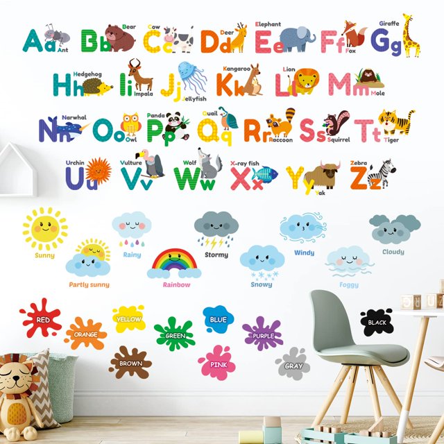 Decowall Ds12-8070N Alfabeto Animal Números Color Tiempo Niños Pegatinas de Pared Calcomanías Sala de Juegos Letras Decoración Dormitorio Abc Guardería Aula Niños Pequeños Aprendizaje Educativo Bebé A