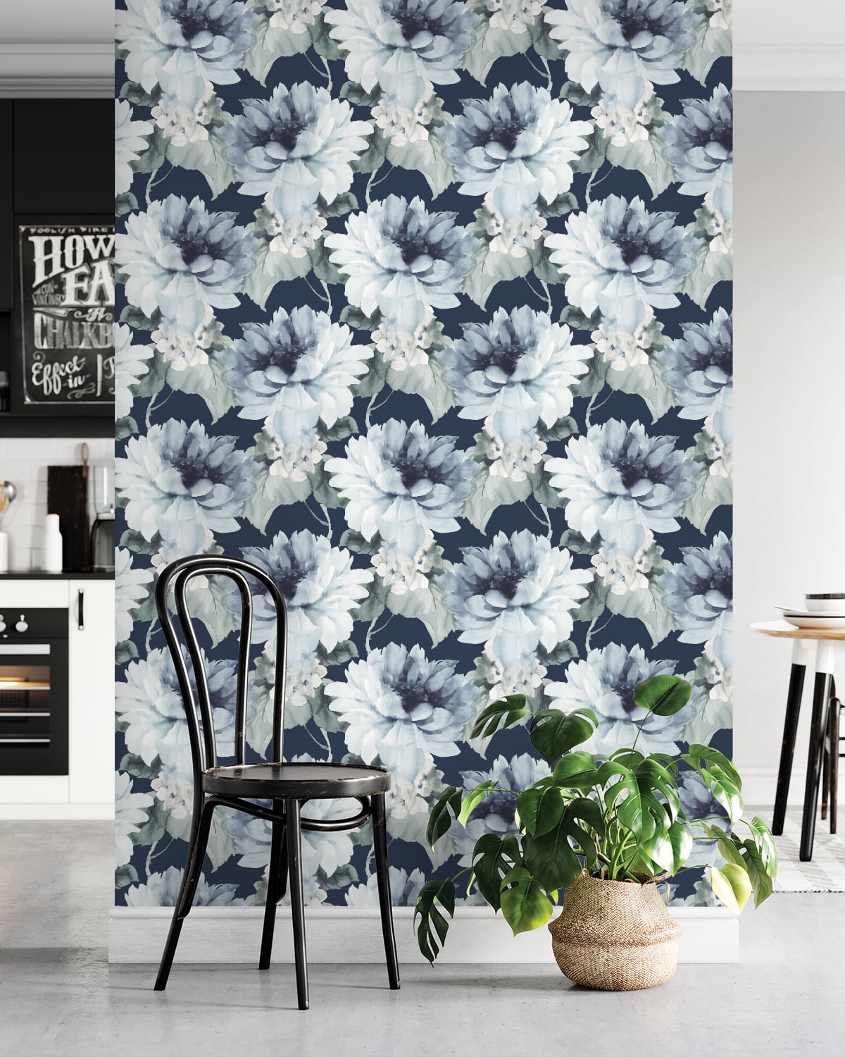 NextWall Harry & Grace Watercolor Floral Peel and Stick Wallpaper 20.5 in. W x 18 ft. L - Navy Blue & Slate Green