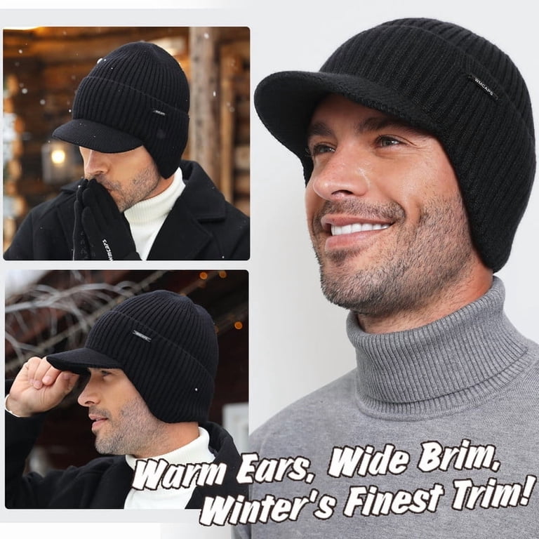 Men & Women Charcoal Gray Beanie with Brim and Ear Flaps Fleece-Lined Hat Men & Women Dark Gray Beanie with Brim and Ear Flaps Fleece  main image 2