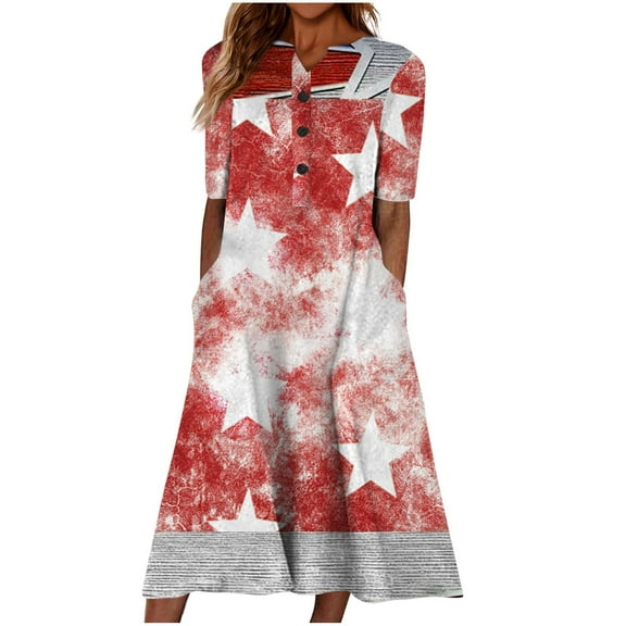 Wycnly Summer Dresses for Women Fashion Loose Pocket Button Down Swing Tunic Independence Day Patriotic Maxi Dresses 2025 Short Sleeve V-Neck Star American Flag Print Long Formal Dress Pink XXXL