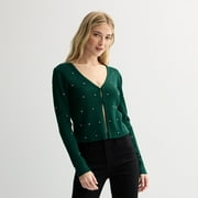 Juniors' madden girl Long Sleeve V-Neck Button Front Rhinestone Cardigan Color: Pacific Pine Size: X LARGE