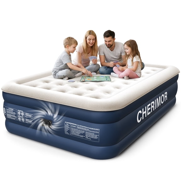 CHERIMOR 18" Queen Inflatable Air Mattress, Built-In Air Pump, Indoor/Outdoor Use, Includes Storage Bag & Repair Patch, 800 lb capacity, Blue