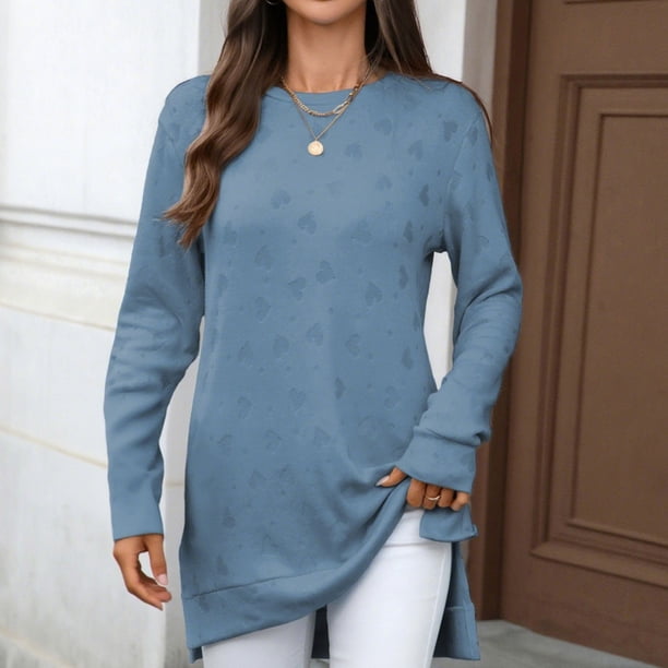 Heisall Women's Autumn Winter Tops Long Sleeve Solid Color Jacquard Pattern Round Neck Loose Split Hem Casual Fashion Blouses