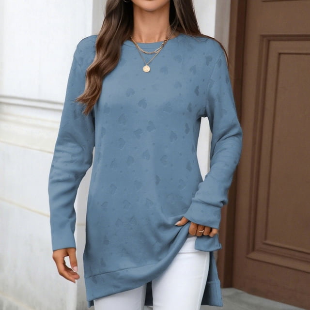 Heisall Women's Autumn Winter Tops Long Sleeve Solid Color Jacquard Pattern Round Neck Loose Split Hem Casual Fashion Blouses
