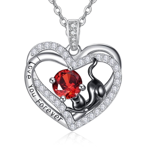 TANGPOET Heart Cat Necklace Sterling Silver Cat Lovers January Birthstone Garnet Jewelry I Love You Forever Anniversary Birthday Gifts