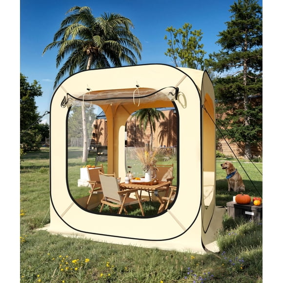 QinaQin 6x6 Ft Pop-Up Tent Accommodates 4-6 People, Features a Portable Mesh Awning, and Comes with a Packing Bag. It's Ideal for Patios, Backyards, Camping, and Outdoor Activities