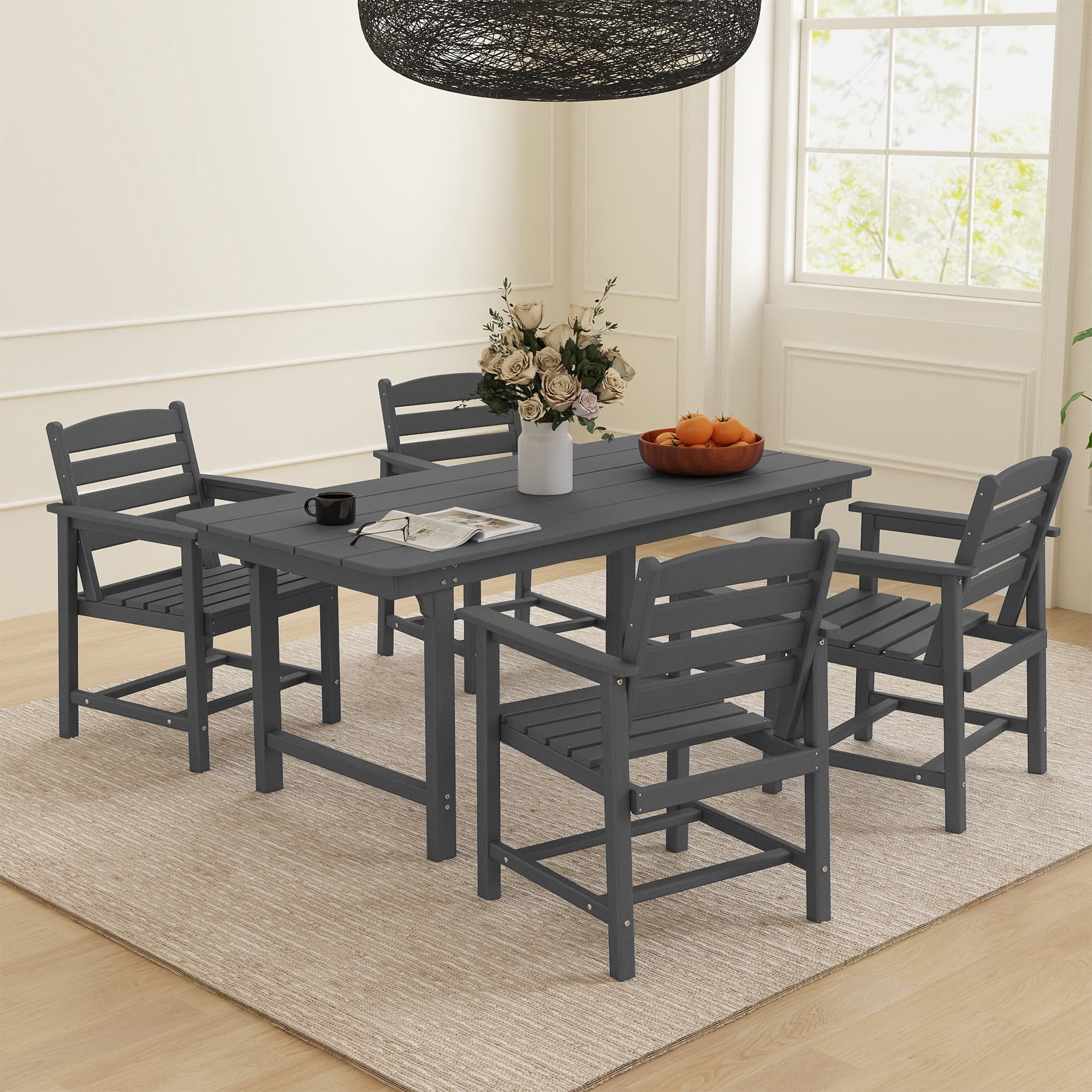 FOOWIN 5PCS Patio Dining Set, HDPE All Weather Outdoor Furniture Set 4 Chairs and 1 Table, Grey