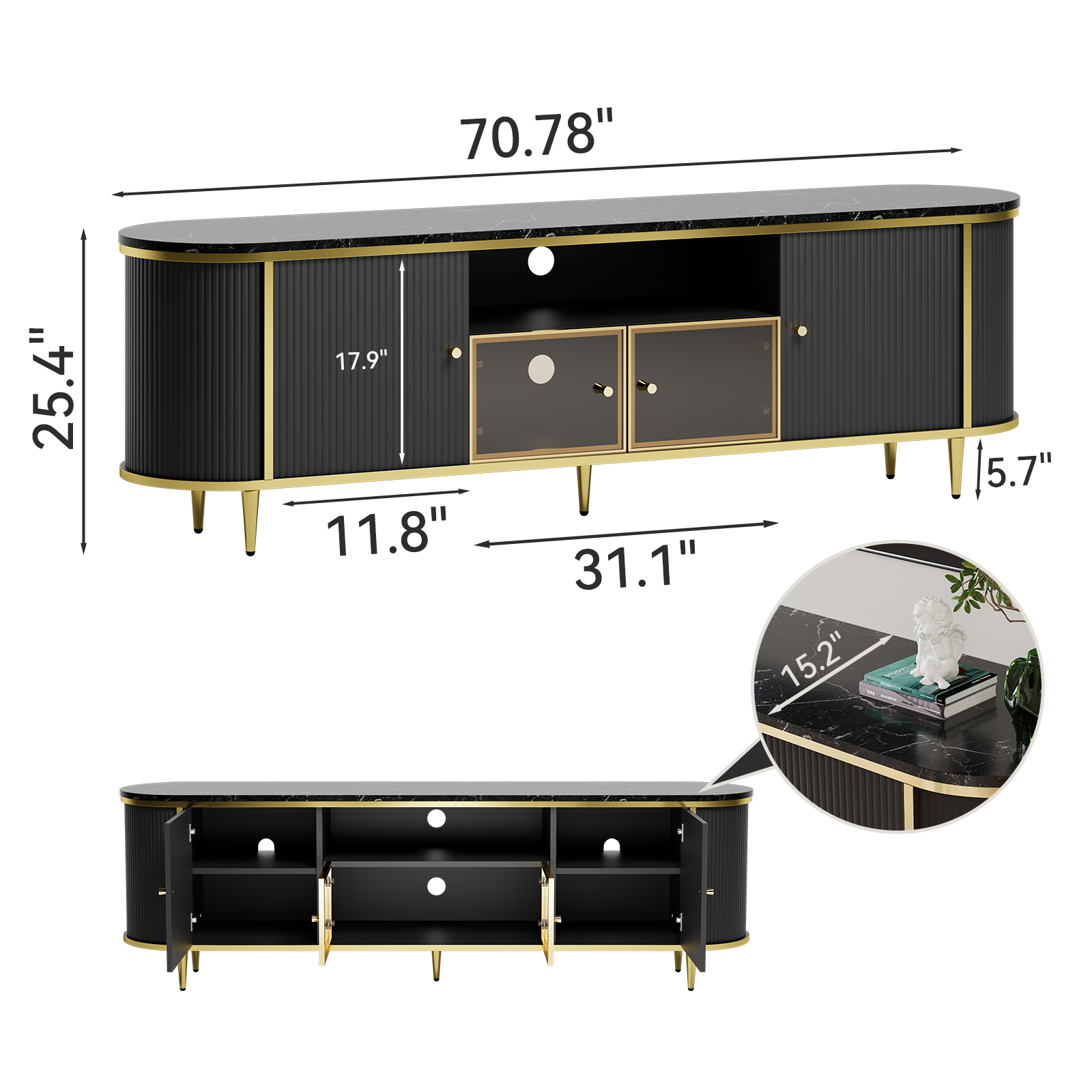 BaPiPro 70" Modern Chic TV Stand with Multi-Storage Cabinets & Glass Doors, Entertainment Center for Living Room, Black