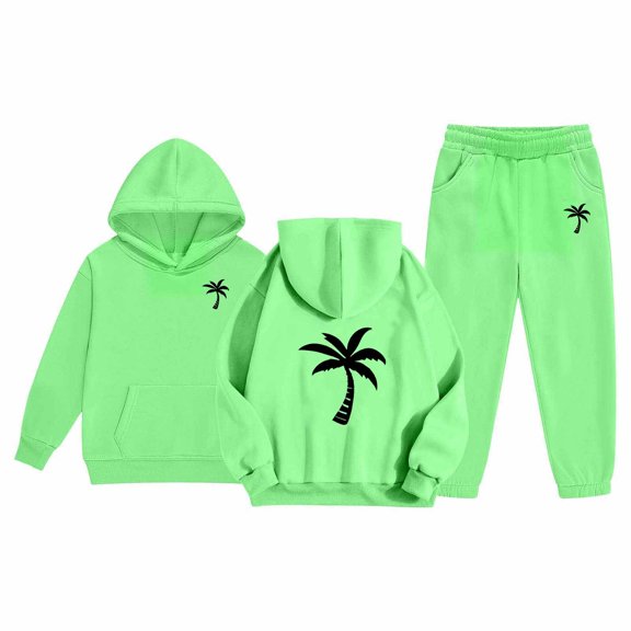 Ulitacool Outfits for girls Toddler Casual Printed Hoodie Set Long Sleeve Sweatpants Pullover Top Matching Bottoms Fall Winter Pajamas Loungewear Green