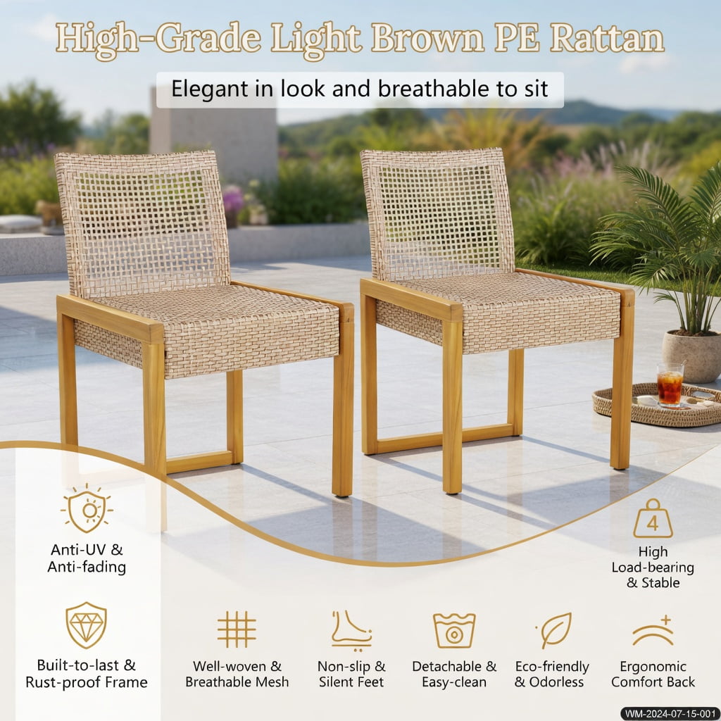 Hommoo 2-Pack PE Rattan & Teak Acacia Wood Bar Stools with Backrest, Indoor/Outdoor Patio Dining Chairs, Ergonomic Design, Light Brown