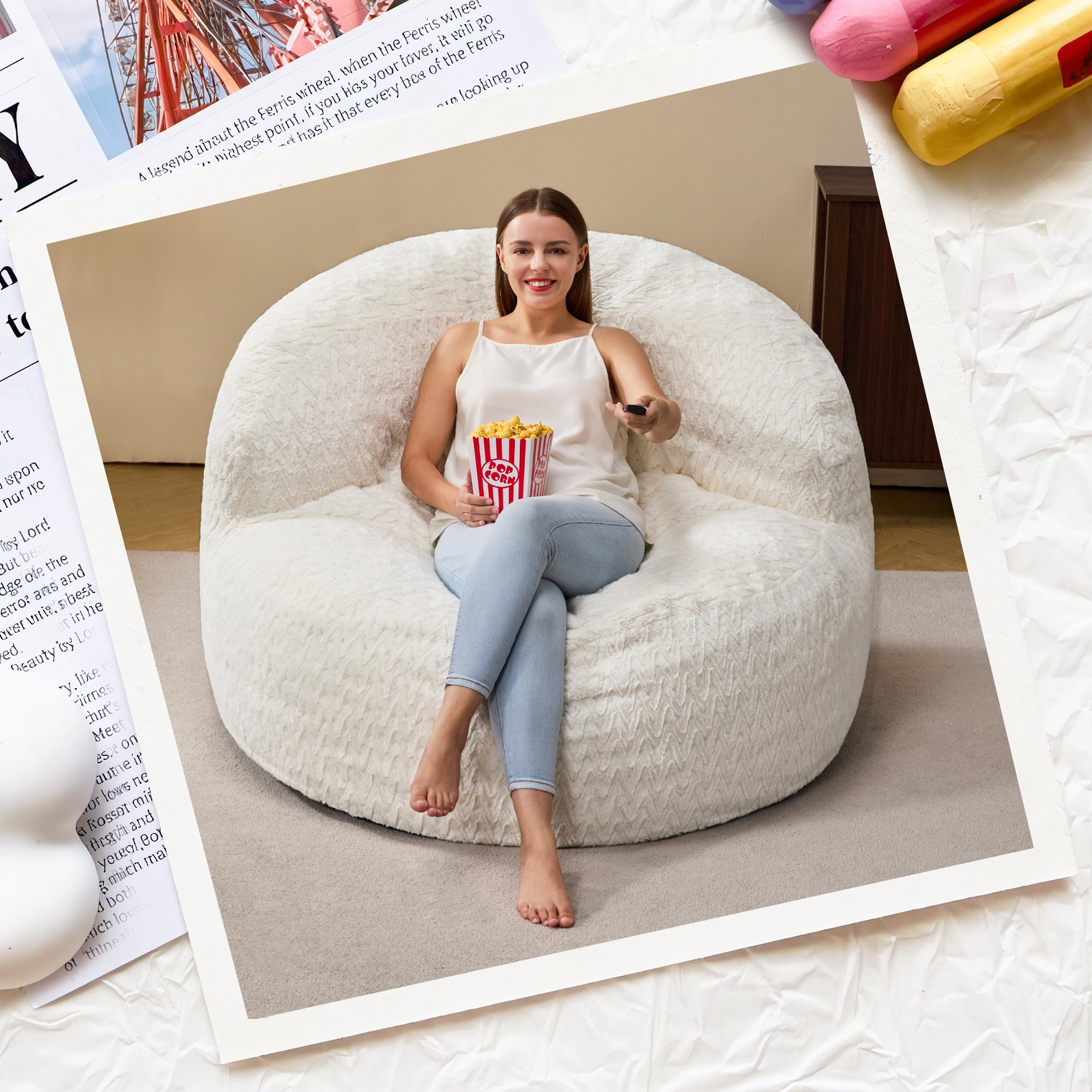 Hobestluk 4FT Bean Bag Chair for Adults with Memory Foam Filler Giant Beanbag with Faux Fur Cover for Bedroom (Chevron White,Oversize)