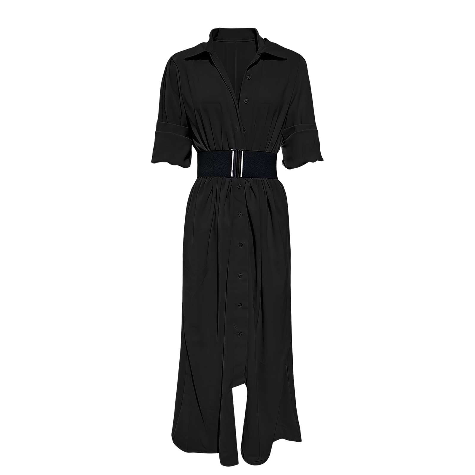 YueHuiYing Women's Single Breasted Shirt Lapel Elegant Belt Slim Fit Pleated Long Sleeves Solid Color Slit Party Dress
