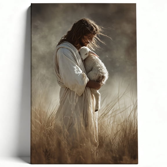The Good Shepherd Jesus Holding Lamb Canvas Wall Art Christian Grace Painting Religious Savior Poster Living Room Bedroom Decor Print Ready to Hang 8*12