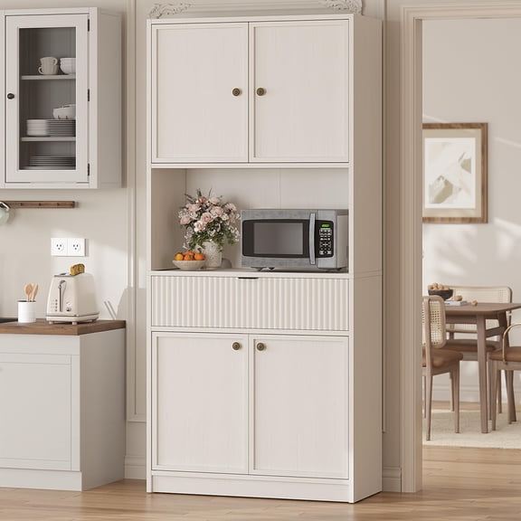 Huisuilinss Fluted Pantry Cabinet,Kitchen Pantry Cabinet,70" Tall Pantry Storage Cabinet With Countertop,Kitchen Hutch Cabinet With Doors And Drawer,Freestanding Cupboard For Dining Room Living Room