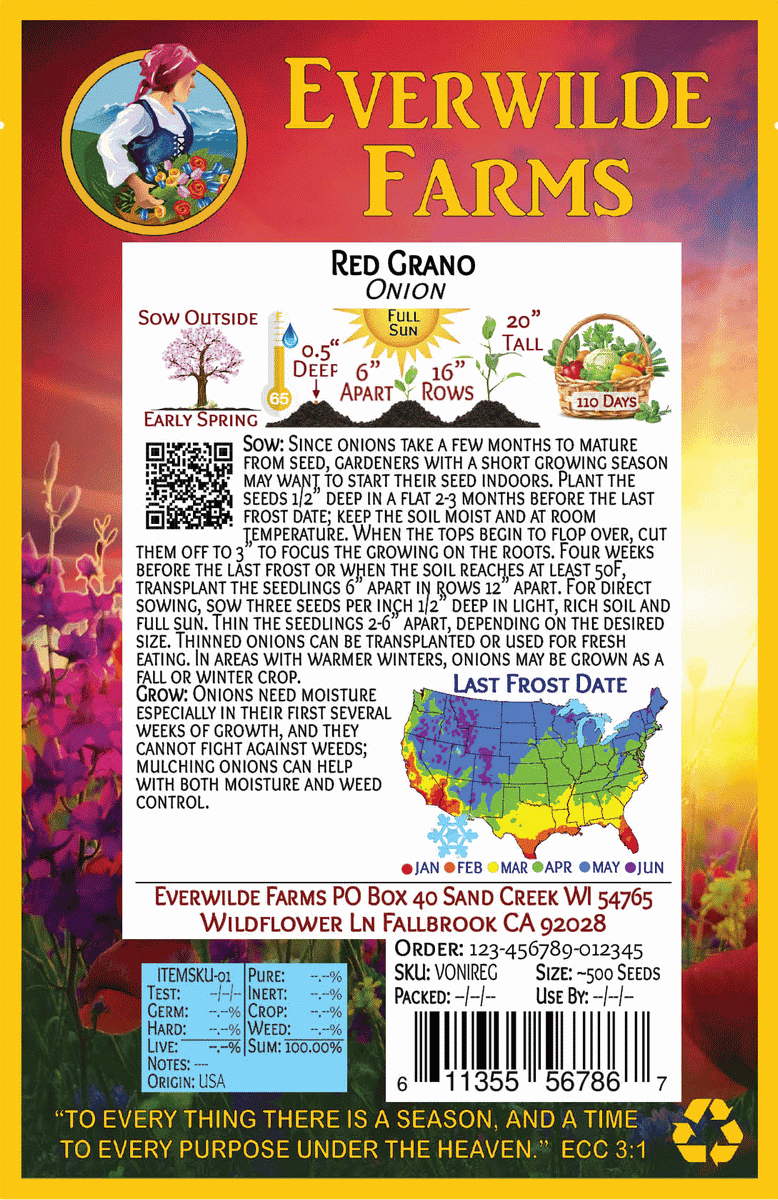 Everwilde Farms Mylar Seed Packet 500 Yellow Sweet Spanish Onion Seeds