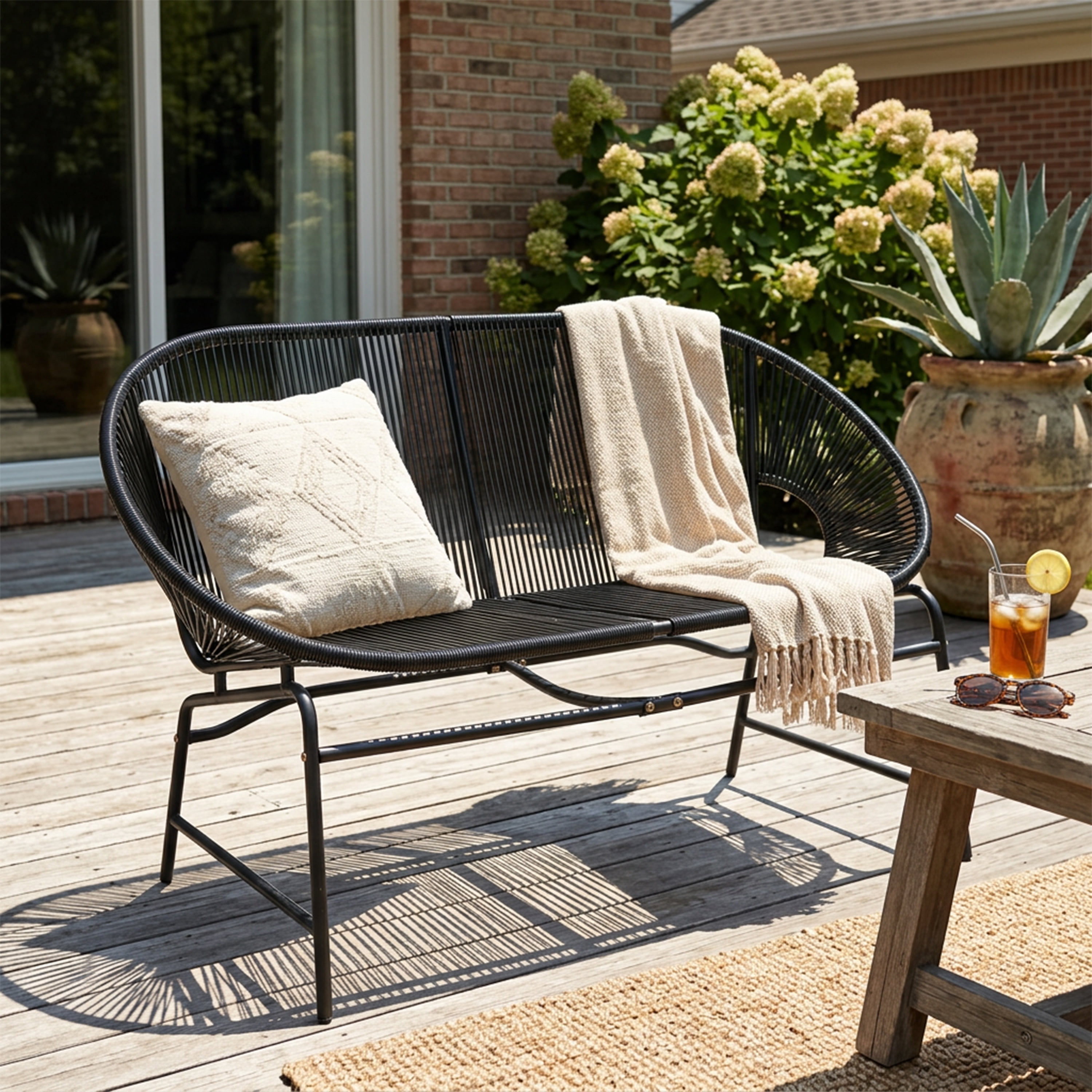 Outdoor PE Rattan Wicker Loveseat with Iron Frame for Porch Garden Balcony, Black