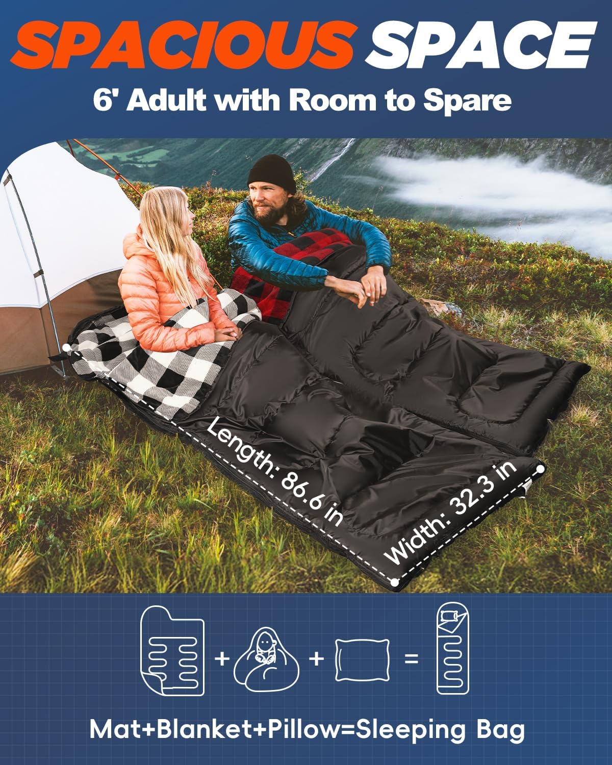 Flannel Sleeping Bag for Adults Mens with Pillow, XL Cold Weather 30 Degree 4 Season Camping Large Big and Tall Bags Compression Sack