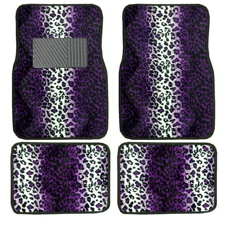 A Set of 4 Universal Fit Animal Print Carpet Floor Mats for Cars / Truck - Purple Leopard
