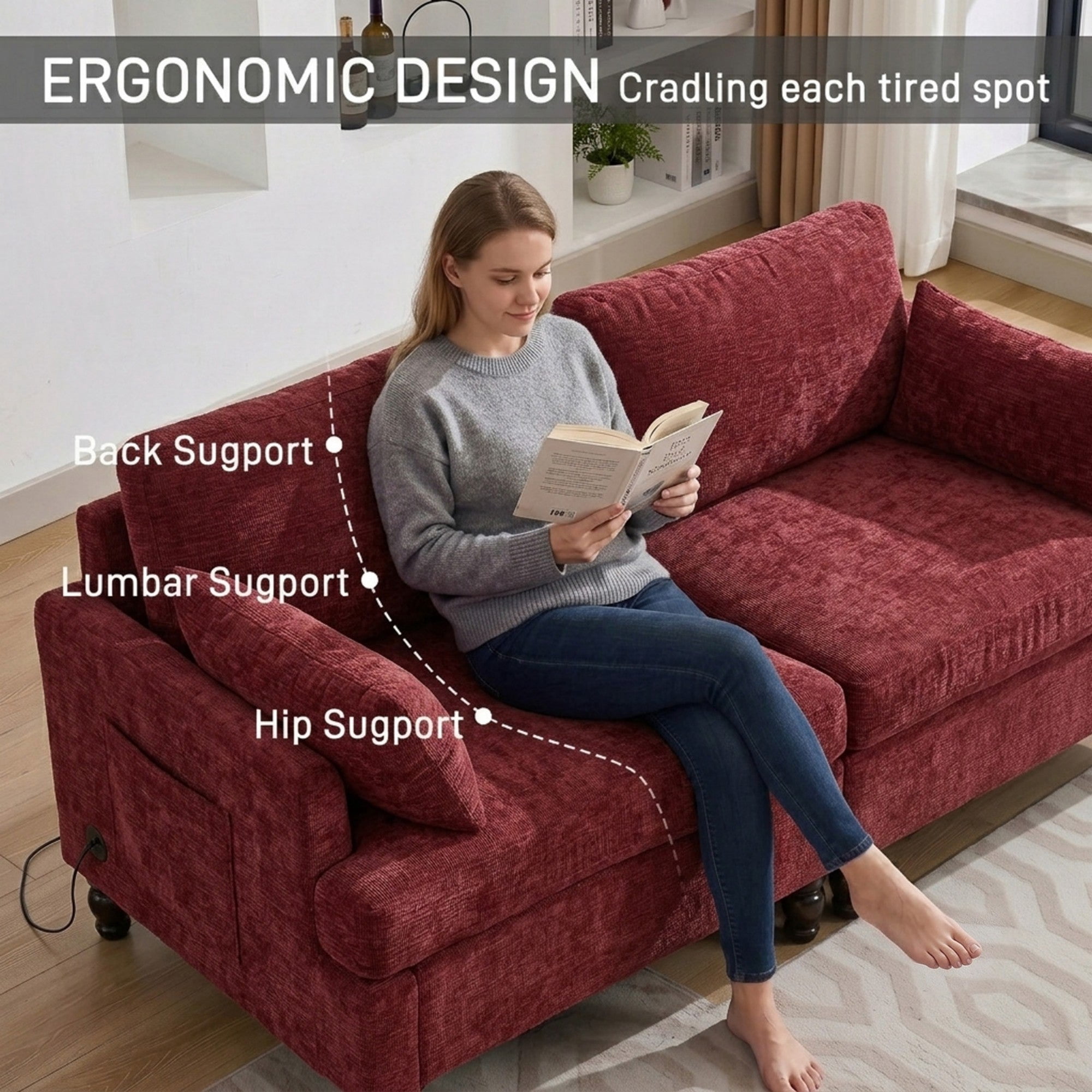 Sailvan 68.9" Modern Loveseat Sofa,Comfy Chenille 2-Seat Couch with LED Lights & USB Ports,Small Cloud Couch for Living Room,Apartment,Red