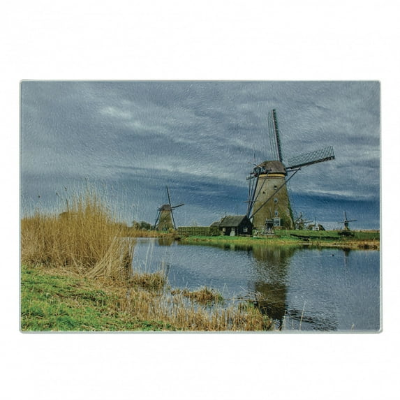 Dutch Cutting Board, Overcast Photo of Windmills Touristic Center Village of Kinderdijk from Netherlands, Decorative Tempered Glass Cutting and Serving Board, in 3 Sizes, by Ambesonne