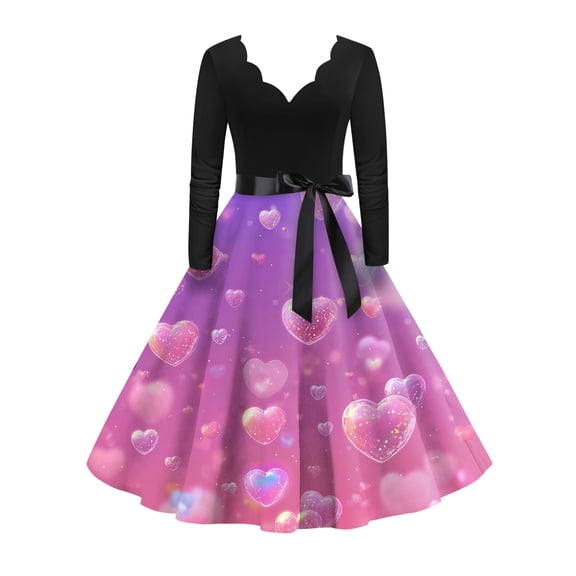 Valentines Day Dresses Scalloped Neck Fit and Flare Dress with Heart Print Waist Vintage Style Dress for Women Purple Pink M
