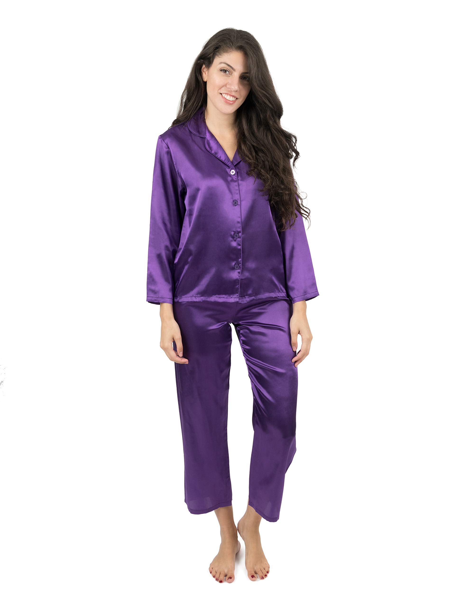 Ladies Plain Bright Purple Satin Silky Soft PJs Pyjamas Full Length Long Sleeve 