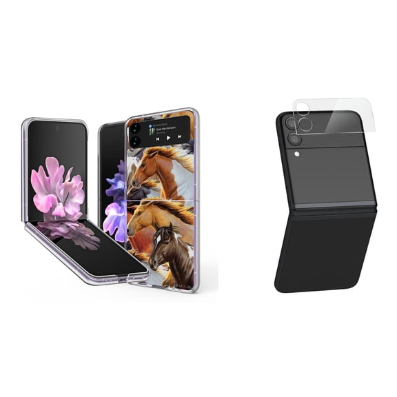 Bemz Premium Bundle for Samsung Galaxy Z Flip 3 5G: Slim Snap-On Protector Case (Wild Horses), Rear Camera Glass Protector