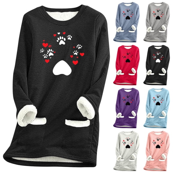 Feancey Winter Thermal Tops for Women Cute Paw Graphic Sweatshirts Soft Fleece Liend Crewneck Pullover Long Sleeve Casual Christmas Pajamas with Pockets Gray L