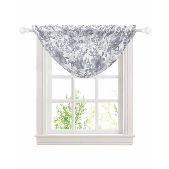 Waterfall Valances for Windows, Watercolor Grey Floral Kitchen Sheer Valance Curtains, Gray Ombre Botanical Summer Rod Pocket Elegant Swag Valances for Living Room Bedroom, 47.2"x38.5", 1 Panel