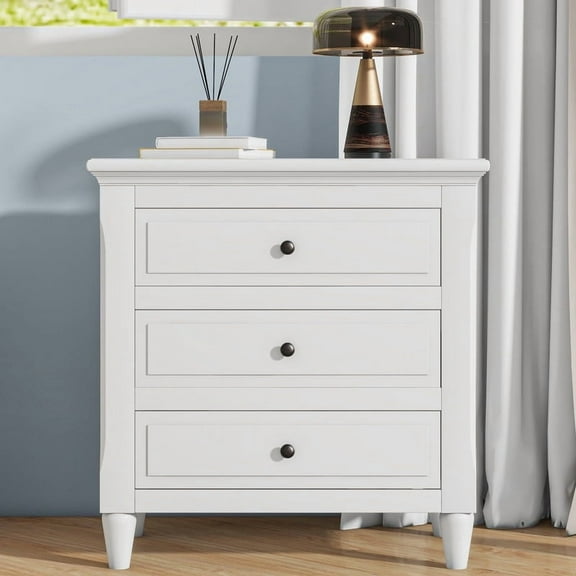28" Painted Nightstand with 3 Drawers, Simple Bedside Cabinet with Metal Handle, Minimalist Side Table for Bedroom, Sofa Couch & Office (White)