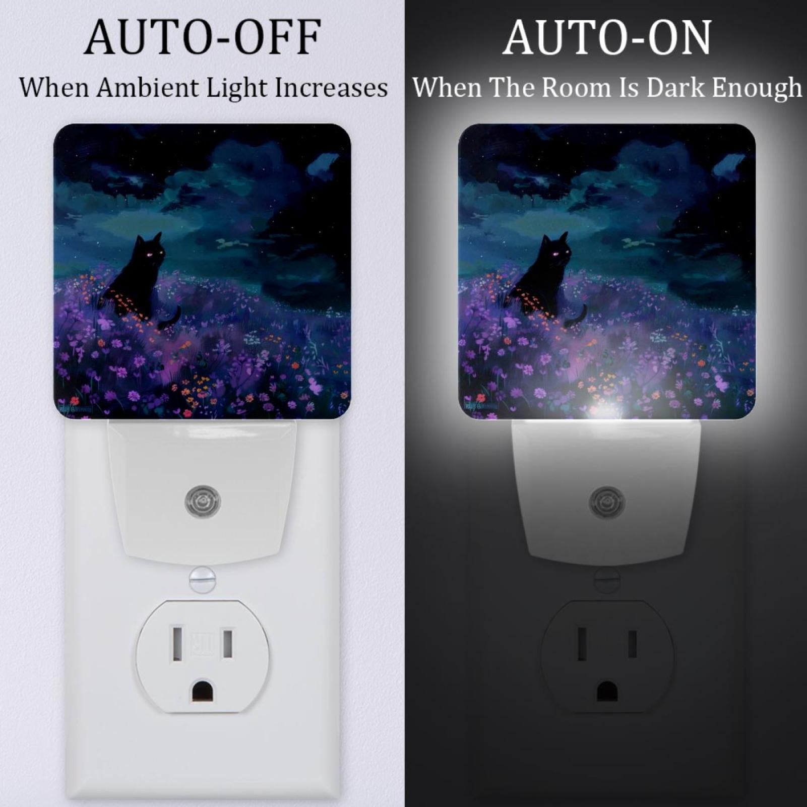 PhooArto Purple Flower Field Black Cat Plug in LED Night Light Auto Sensor Dusk to Dawn Decorative Night for Bedroom, Bathroom, Kitchen, Hallway, Stairs, Baby's Room, Energy Saving