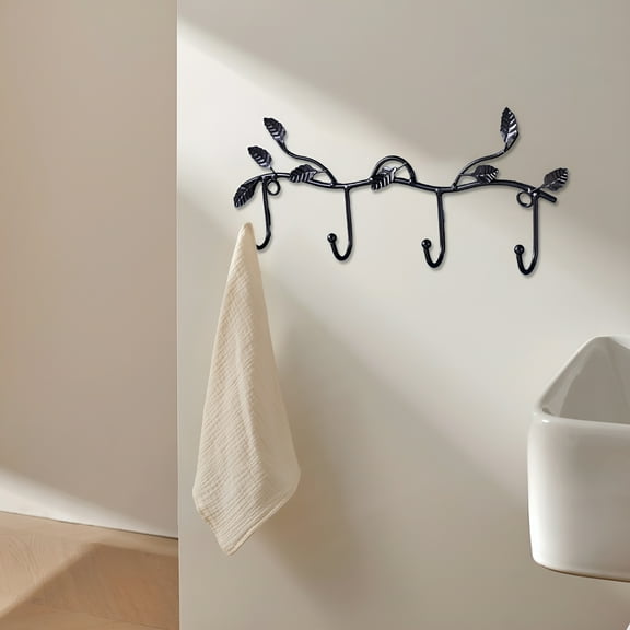 ACDANC Cast Iron Leaves Decorative Branch Hanger Rack with 4 Hooks - Vintage Decorative Cast Iron Wall Mounted Hook Rack - for Coats,Hats,Keys,Towels,Clothes and More | Black