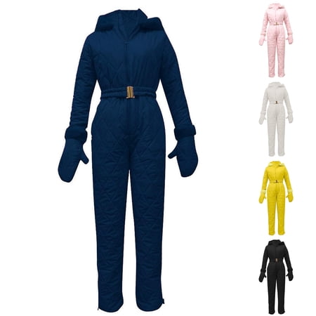yuCgh Women s Fashion One-piece Ski Suit Sports Ski Set with Zipper Hooded Design Waterproof and Warm for Snowboarding and Winter Sports White M