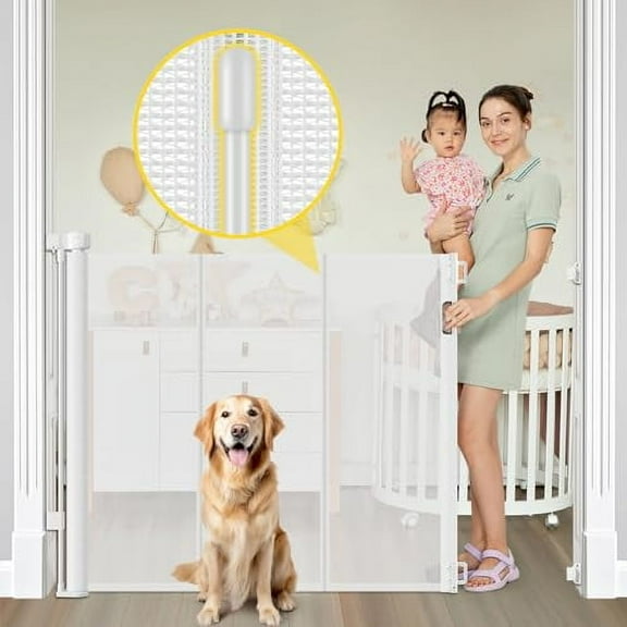 Open Box BINGGUZ REINFORCED 42” EXTRA TALL RETRACTABLE DOG GATE FOR DOORWAY - WHITE