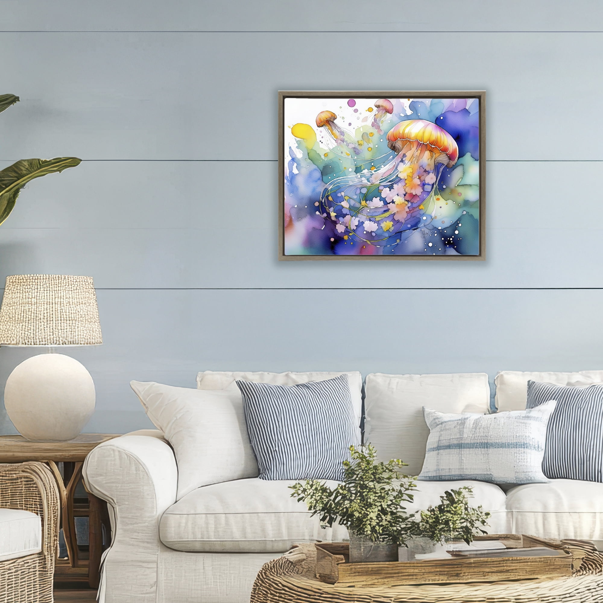 Stupell Industries Neon Jellyfish Underwater Brown Framed Floater Canvas Wall Art, design by Shelly Craig