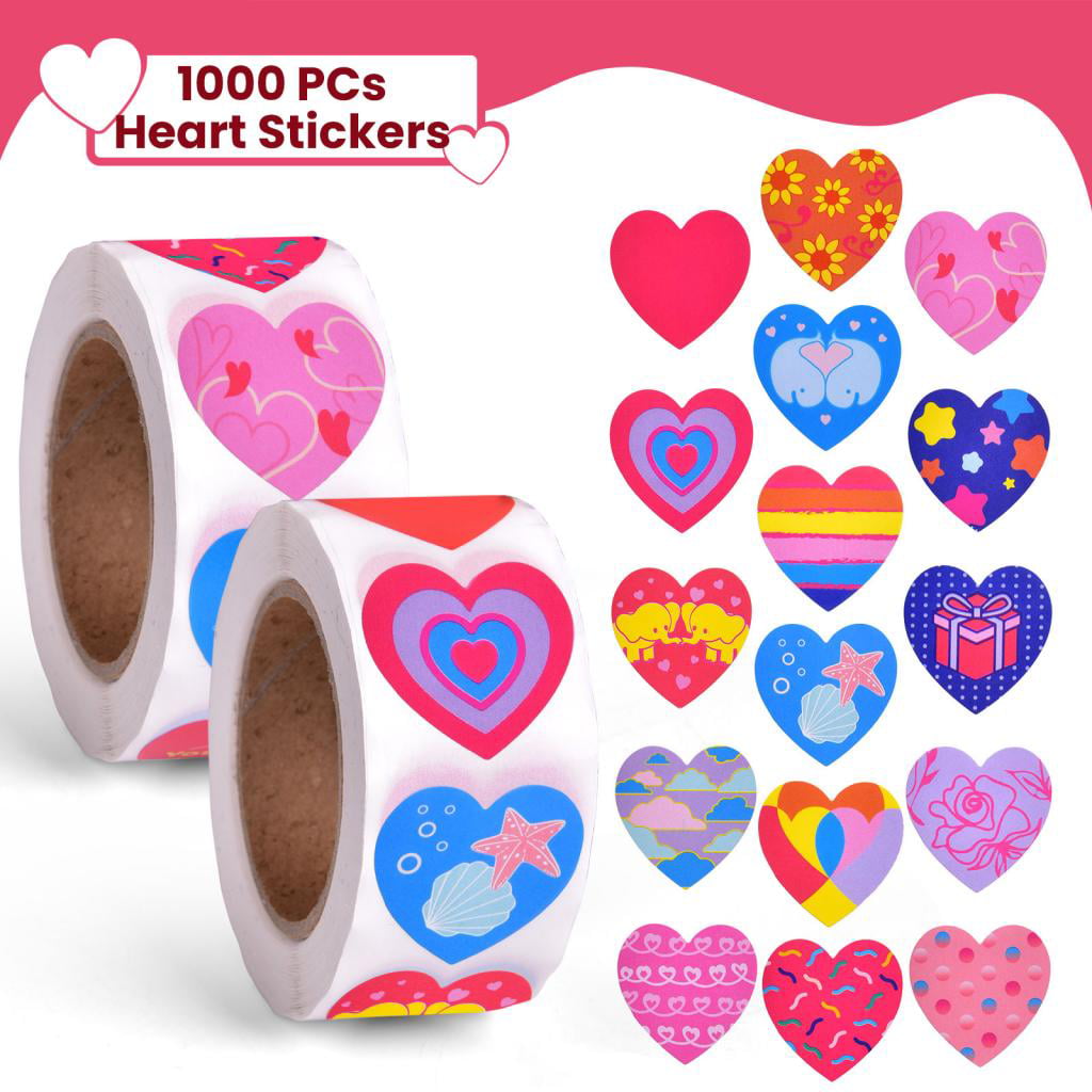 Fun Little Toys 1000 PCs Heart Shaped Stickers for Valentine's Day, 16  Designs Valentine Stickers for Teachers, Classroom, Kids, Bulk Decorative  Stickers for Kids Envelops, Cards, Party Supplies 