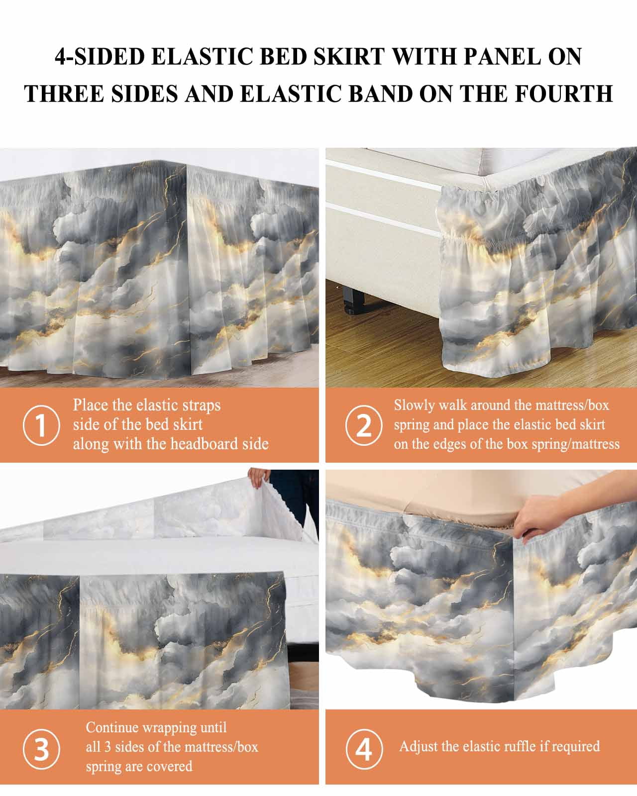 Grey Marble Wrap Around Bed Skirts for Queen Bed 16" Drop,Bed Skirt with Adjustable Elastic Belt Dust Ruffle Bed Valance for Bedroom Hotel Modern Abstract Ink Painted Aesthetics Bed Frame Cover