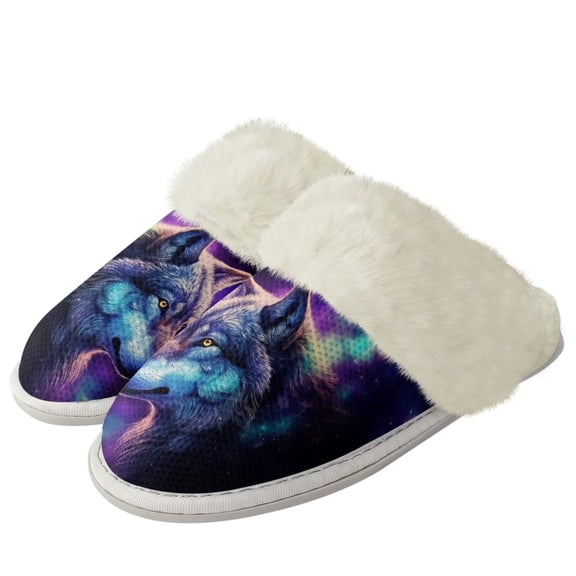 Chririnla Starry Sky Wolf Print Plush Slippers for Women Indoor Novelty Home Shoes Warm Bedroom Shoes with Anti-Skid Sole for Indoor & Outdoor