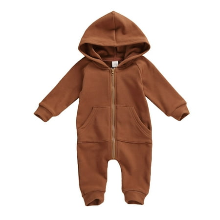 

Kiapeise Baby’s Long Sleeve Jumpsuit Autumn Fashion Solid Color Zipper Hooded One Piece Long Pants with Pocket