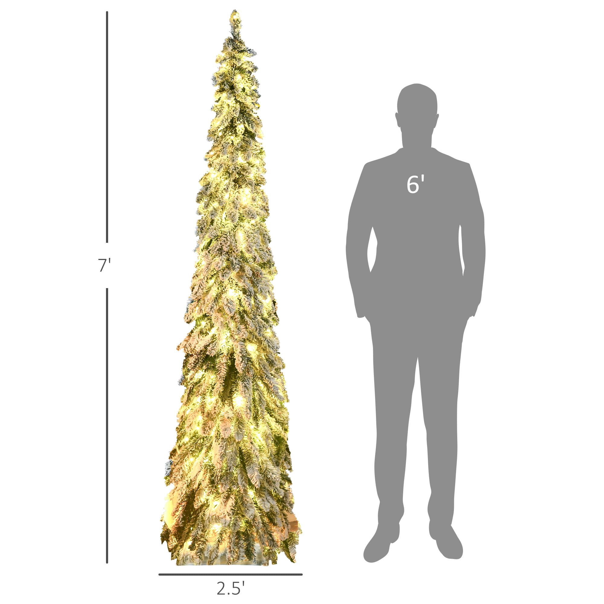 Prelit Pencil Christmas Tree with Snow Flocked Branches, 350 LED Lights, 7 ft, Downswept Shape, Indoor Holiday Decor