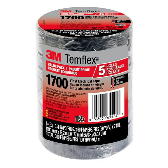 3M Temflex General-Purpose Vinyl Electrical Tape (1700 / 1700C): 3/4 in. x 60 ft. (Black) 5-pack