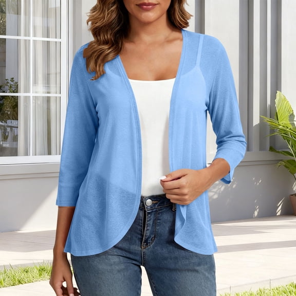 Hurxie Women's Casual 3/4 Sleeve Lightweight Cardigan Open Front Summer Cardigans Trendy Shrug Coverups Blue,XL