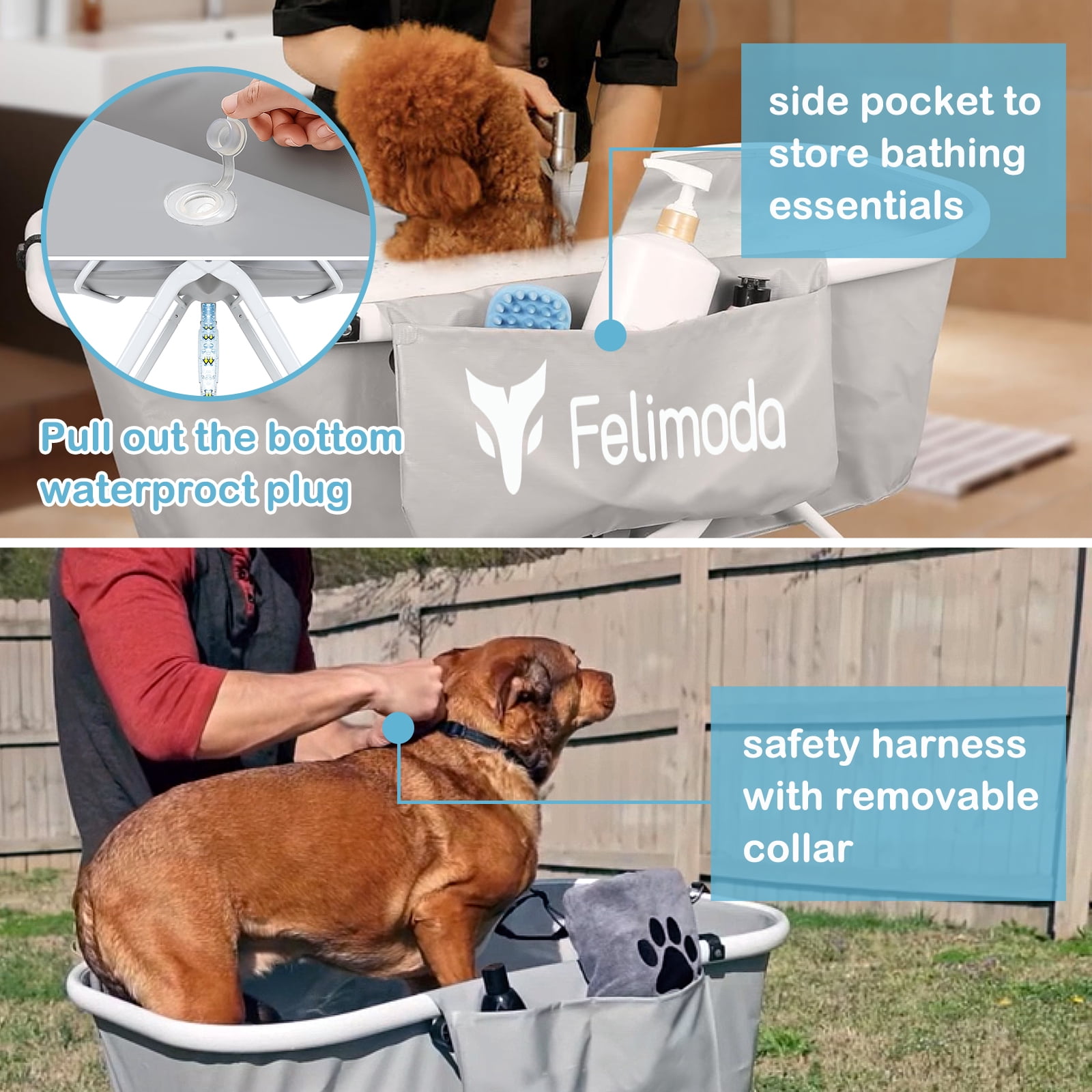 FELIMODA Elevated Dog Bathtub, Foldable Pet Washing Station with 5 Adjustable Heights, Portable PVC Dog Bath with Storage, up to 140 lbs, Grey