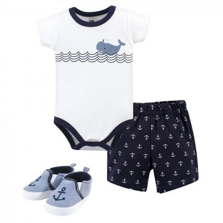 UPC: 0660168533507 | Hudson Baby Infant Boy Cotton Bodysuit  Shorts and Shoe 3pc Set  Blue Sailor Whale  0-3 Months
